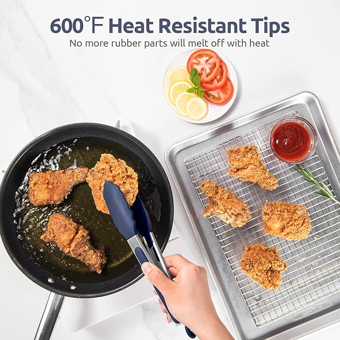 600쨘F Heat Resistant Kitchen Tongs: U-Taste 9 in Silicone Cooking Tong with Firm Sealed Non Stick Rubber Tips & Silicon Coated 18/8 Stainless Steel Handle & Smooth Lock for Serving Grill-Midnight Blue