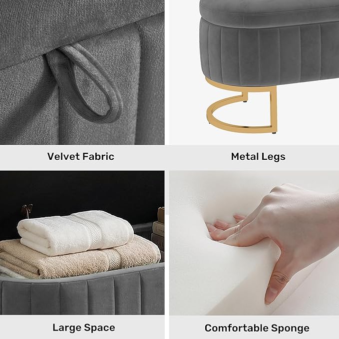 VIROL 51 Inch Storage Ottoman Bench Velvet End of Bed Storage Bench King Size Upholstered Tufted Bench Large Space for Bedroom Living Room Entryway Light Grey