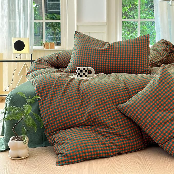 LifeTB Queen Comforter Set Modern Style Orange Green Gingham Comforter Lightweight Plaid Checkered Pattern Comforter Soft Fluffy Gingham Bedding Set Farmhouse Grid Plaid Comforter Set Queen