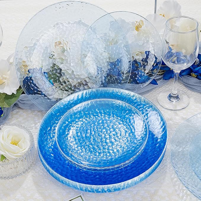 Rubtlamp 100 Pcs Blue Plastic Plates,Heavy Duty plastic Plates,Fancy Disposable Plates, Hammered Plastic plates Include 50 Pcs Dessert Platos, 50 Pcs Dinner Platos for Party