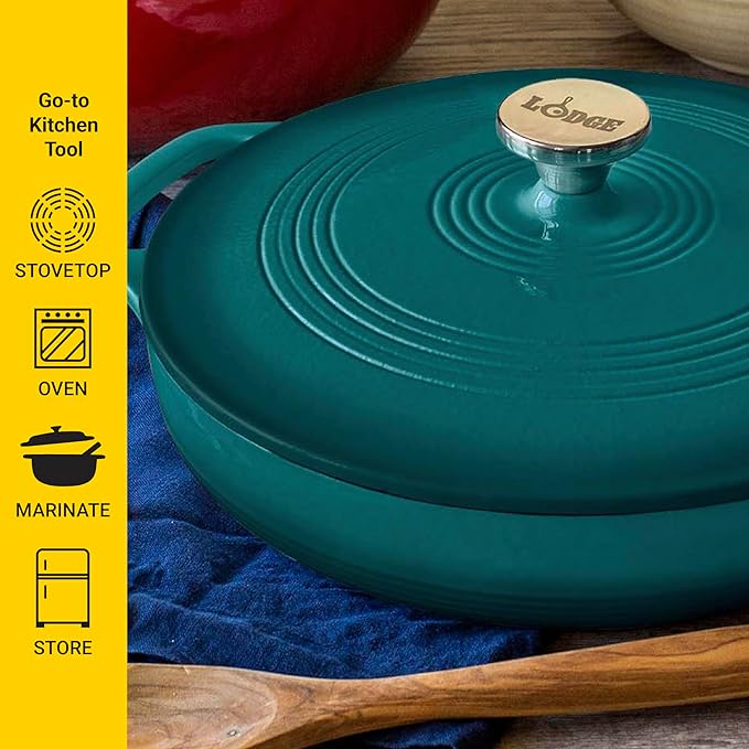 Lodge 3.6 Quart Enameled Cast Iron Covered Casserole with Lid ??Dual Handles ??Oven Safe up to 500째 F or on Stovetop - Use to Marinate, Cook, Bake, Refrigerate and Serve ??Lagoon