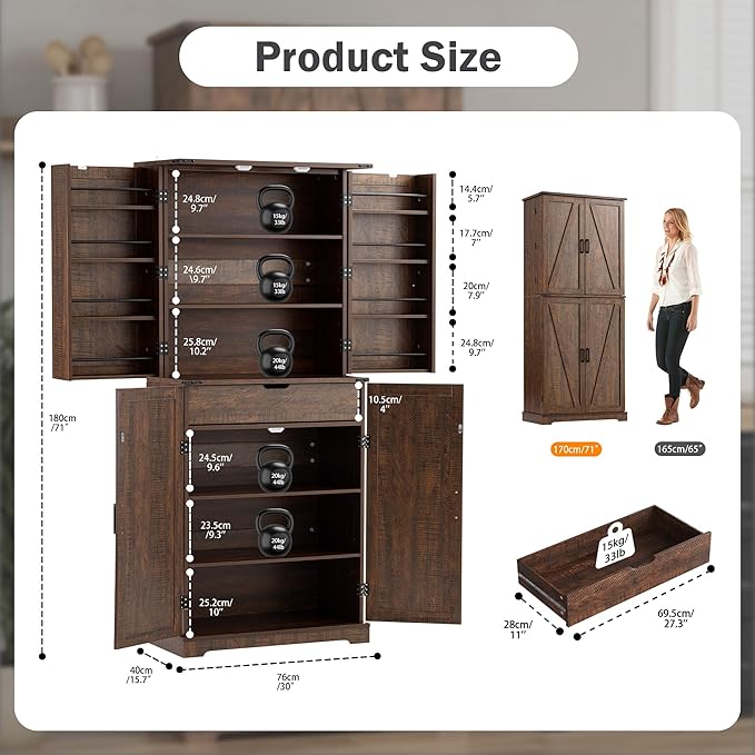 COSIEST 72'' Kitchen Pantry Cabinet, Tall Storage Cabinet with Organizer, Drawer and Adjustable Shelves, Freestanding Cupboard, Storage Cabinets for Kitchen, Dining Room, Bathroom, Rustic Brown