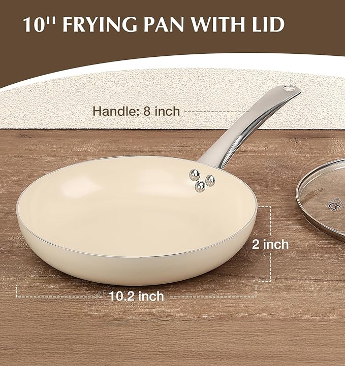 KOCH SYSTEME CS Nonstick Frying Pan with Lid, 10 Inch Non-Stick Skillet with Stay-Cool Stainless Steel Handle, Omelet Pan with Nonstick Ceramic Coating, PFOA Free, Induction & Oven Safe, Cream White