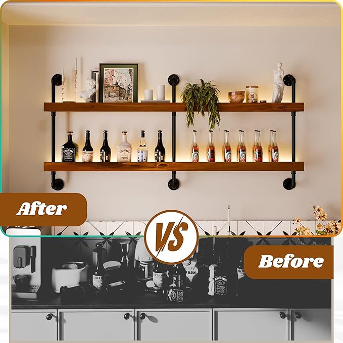 Wall Mounted Wine Rack with LED Light, LED Industrial Pipe Wine Shelf, 2-Tier Hanging Bottle Rack, Bar Storage Shelf for Bottles (Walnut Brown, 60")