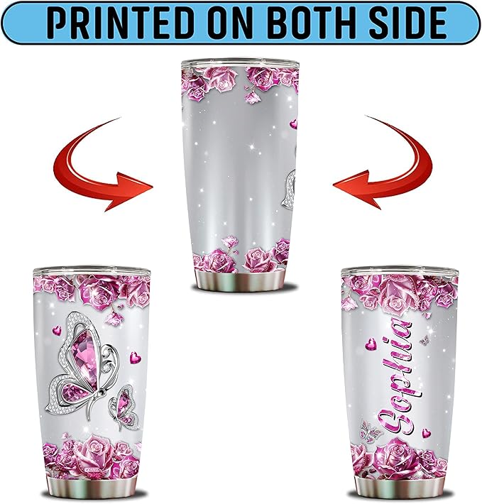 WONWIX Personalized Butterfly Coffee Mugs For Girls Mom Women Adults Butterflies Lovers Water Bottle Travel Mug Mothers Day Birthday Christmas Valentine 20oz Stainless Steel Cup With Lid