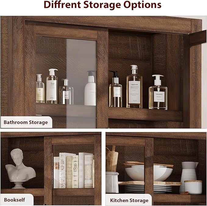70.45??Tall Farmhouse Kitchen Pantry Cabinet, Wood Storage Cabinet with 4 Doors & Adjustable Shelves, Anti-Tip Design, Sturdy Bookcase for Kitchen/Dining/Office, Walnut-Glass