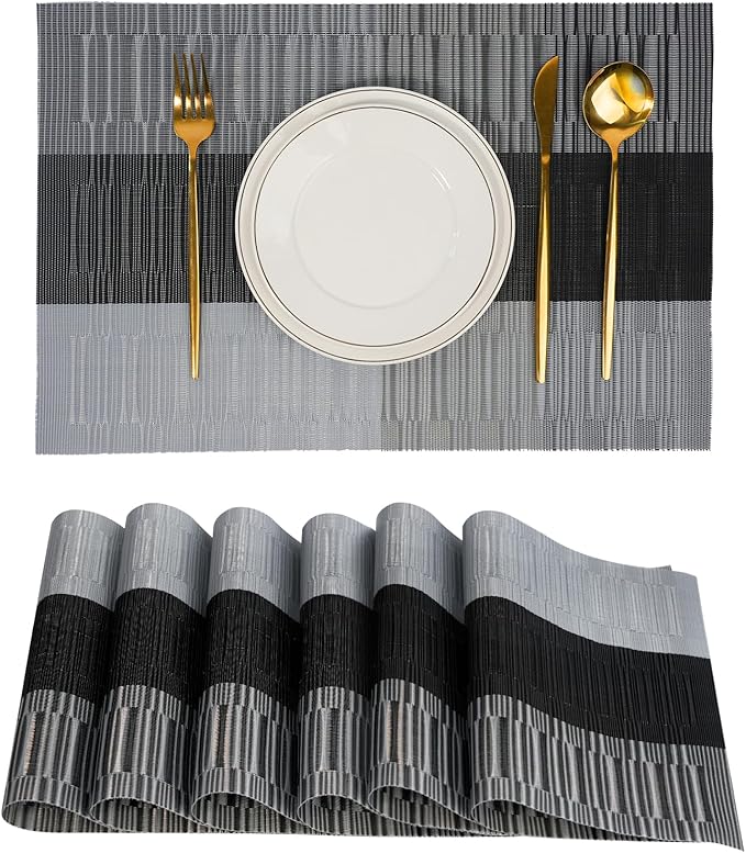 flohar Placemats Set of 6竊똍on-Slip PVC Weave Table Mats Easy to Clean竊똇eat Resistant Place Mats for Kitchen Dining Table Decoration Indoor Outdoor竊똁lack Gray