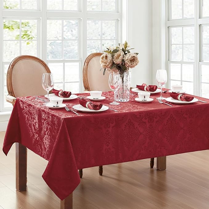 Elrene Home Fashions Caiden Elegance Damask Waterproof, Stain & Wrinkle Resistant Fabric Tablecloth, 60" x 120" Oblong/Rectangle, Red