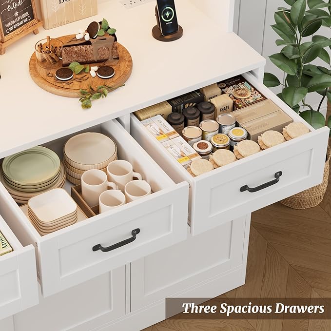 HOSTACK 72" Tall Kitchen Pantry Cabinet with Charing Station | LED Lights, 47" W Kitchen Pantry Storage Cabinet with Countertop, Modern Kitchens Hutch Cabinets with Storage for Dining Room, White