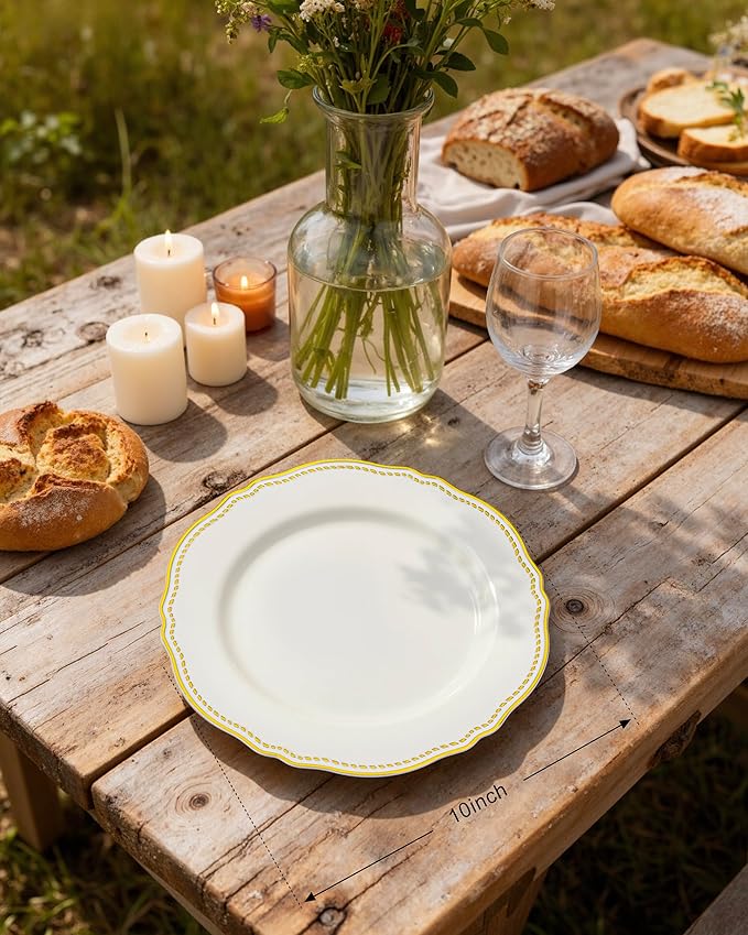 Hioasis 60PCS Ivory Plastic Plates - Ivory and Gold Disposable Dinnerware with Gold Rim, Heavy-duty, 10 inch, Dinner Plates for Party & New Year
