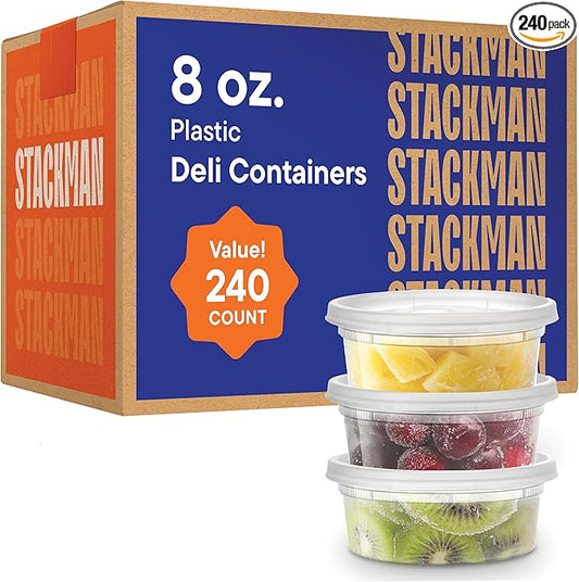 [240 Sets - 8 oz.] Clear Plastic Containers with Airtight Lids - Deli Food Storage, Slime, and More - Bulk Pack - Small Containers with Lids - 240/Case - Stack Man Brand