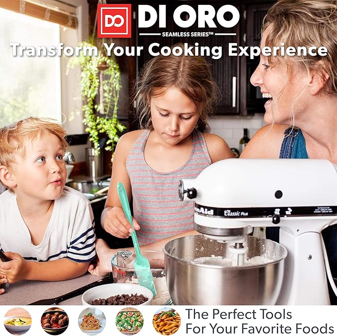 DI ORO Silicone Spoons for Cooking - Large Kitchen Spoons for Mixing, Serving, & Stirring - 600째F Heat-Resistant Non Stick Utensils ??Big Solid & Slotted Basting Spoons - Dishwasher Safe (2pc, Mint)