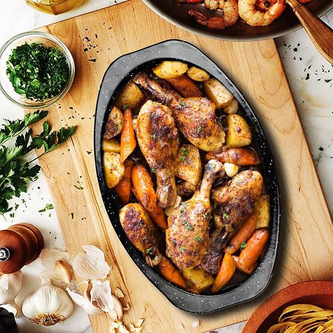 JY COOKMENT Granite Roaster Pan, Small 13??Enameled Roasting Pan with Domed Lid. Oval Turkey Roaster Pot, Broiler Pan Great for Small Chicken, Lamb. Dishwasher Safe Cookware Fit for 7Lb Bird