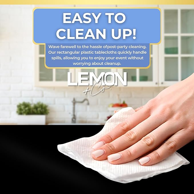 LEMON + Co. Black Rectangle Table Cover Disposable Plastic Tablecloth 54 Inch. x 108 Inch. Premium Decorative Rectangle Table Cover 20 Pack