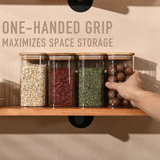 37oz Rectangle Airtight Glass Storage Containers with Bamboo Lids (Set of 6), Square Food Storage Jar, Pantry Organizers for Cereal, Nuts, Snacks and Coffee beans (?럚ith Black Lable)