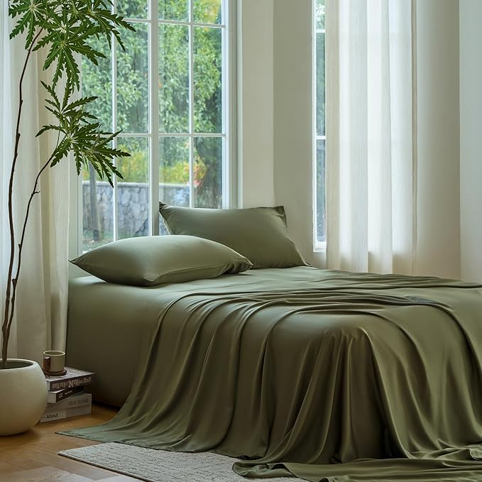 DOZ Sheet Set, 100% Viscose derived from Bamboo, Organically Grown, Buttery Soft, Cooling Sheets, High GSM, Deep Pockets - 4 Piece - 2 Pillowcases 1 Fitted 1 Top Sheet (Olive, Cal King)