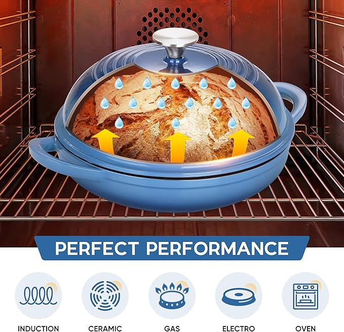 E-far Dutch Oven for Sourdough Bread Baking, 6 Qt Round Enameled Cast Iron Dutch Oven for Homemade Artisan Bread, Dome Lid & Shallow Base, Matte Black Interior & Durable, Oven-Safe to 500?? Blue
