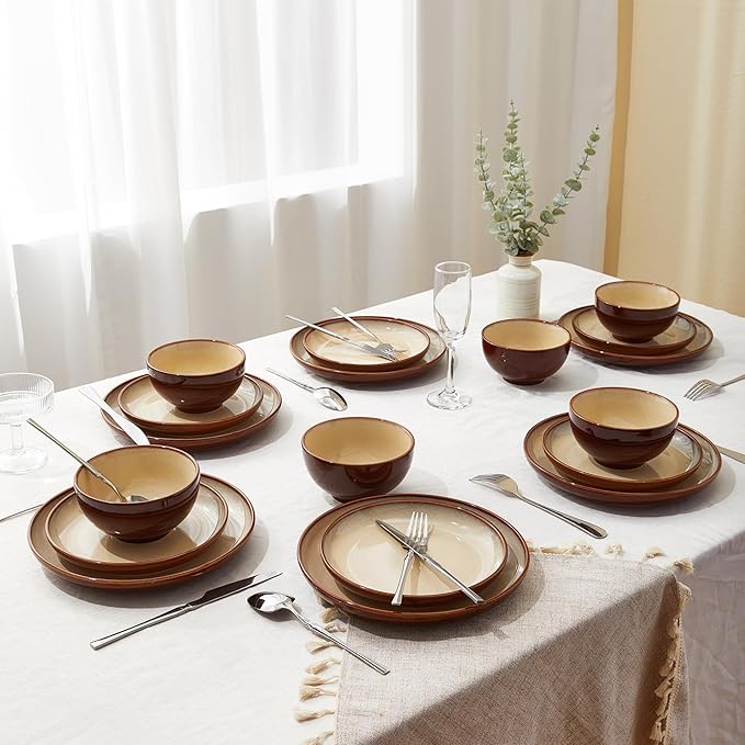 Dinnerware Sets with Double Bowls Service for 8, Brown Yellow