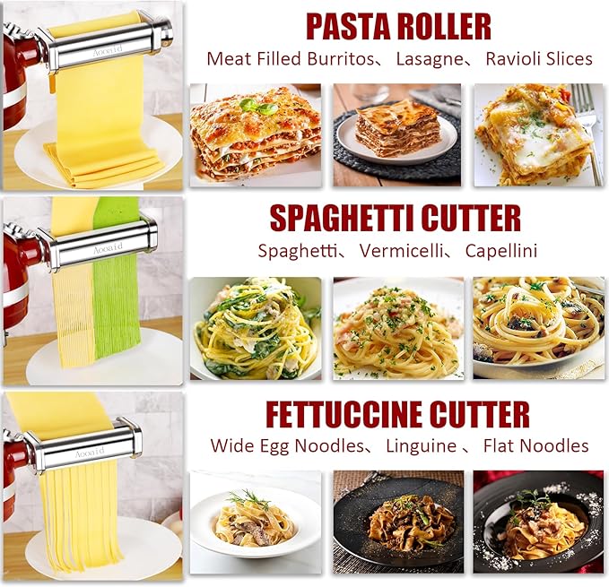 Pasta Roller & Spaghetti Cutter, Fettuccine Cutter Attachment for Kitchenaid Stand Mixerï¼? Pcs Stainless Steel Pasta Maker Accessories By Aooaid