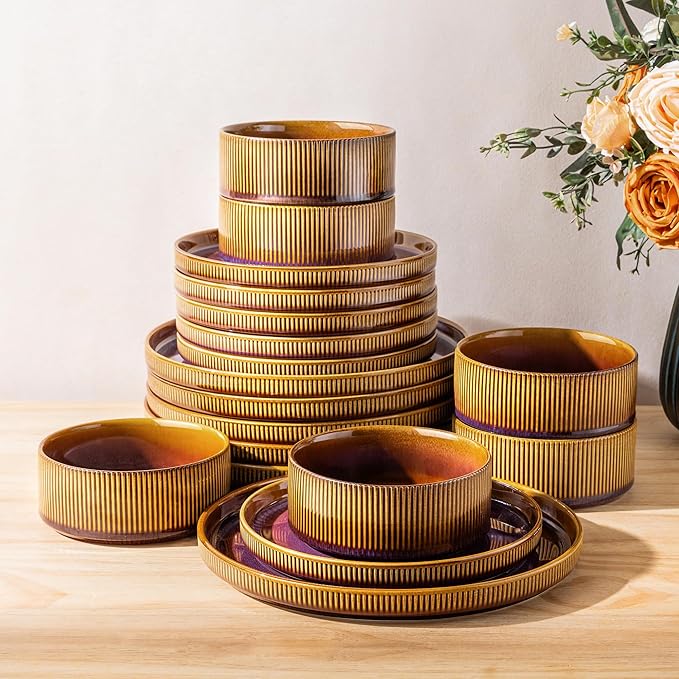 TheTerra Ceramic Dinnerware Sets for 6, 18 Pieces Porcelain Lightweight Plates and Bowls Sets, Scratch Resistant Dish Set, Oven & Microwave & Dishwasher Safe, Amber Amethyst