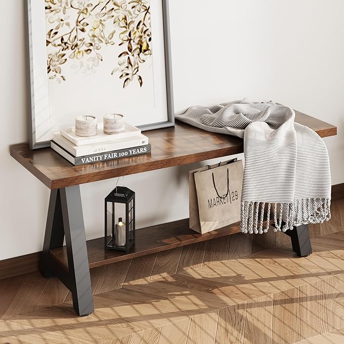 Welfuturer Farmhouse Wood Bench Industrial Entryway Bench Rustic Wood and Metal Shoe Storage Bench for Entryway, Living Room, Dining Room
