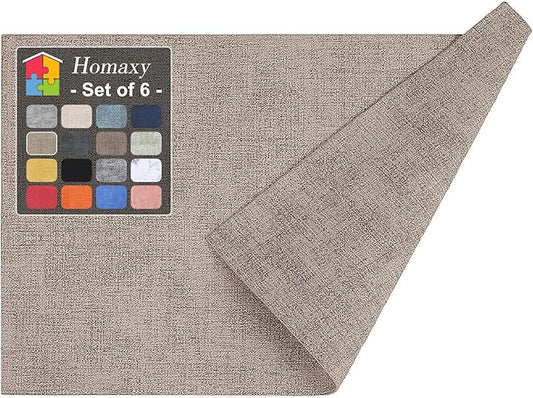 Homaxy Faux Leather Heat Resistant Placemats for Dining Table Set of 6, Waterproof Wipeable Washable PU Table Mats, Easy to Clean Anti-Slip Place Mats, 11.8" x 17", Light Brown