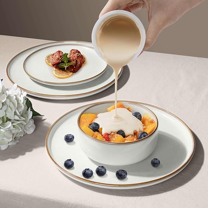 Herogo Plates and Bowls Sets for 4, 12 Pieces Stoneware Dinnerware Sets, Double Reactive Glaze, Microwave & Dishwasher Safe, Scratch Resistant, Ivory White
