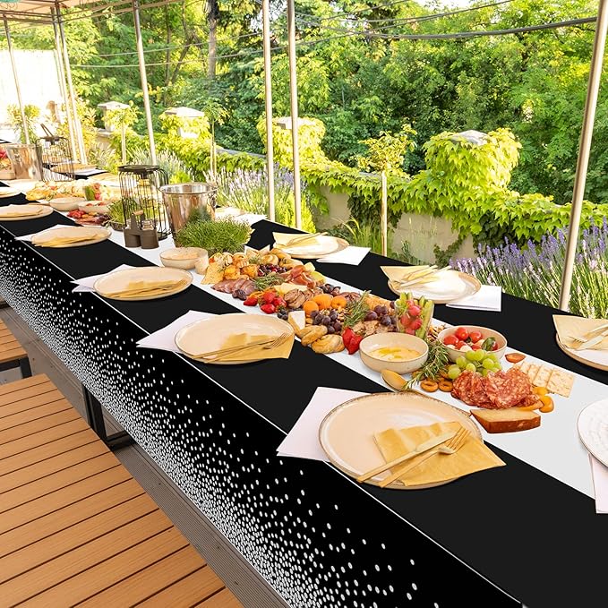 6Pcs Black and Silver Tablecloth Party Decorations,Plastic Black Table Cloth Printed Silver Table Runner Disposable Rectangle Table Cover for Birthday Anniversary Wedding Graduation Party,54 x108 Inch