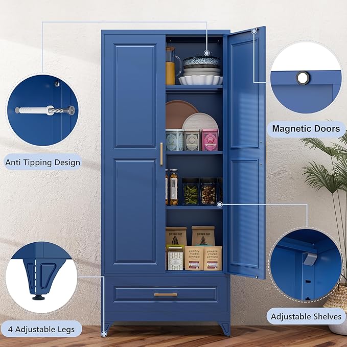 75??Kitchen Pantry Storage Cabinet,Metal Tall Storage Cabinet with Drawers and Adjustable Shelves,Modern Kitchen Hutch Cabinet,Freestanding Cupboard for Living Room,Blue