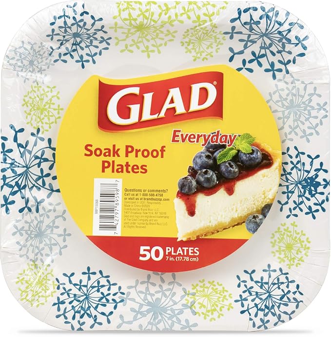 Glad Square Disposable Paper Plates, Blue Hydrangea Pattern - Strong, Sturdy, Soak Proof, and Microwavable Decorative Plates for Dinner and Everyday Use, 7 Inch, 50 Count