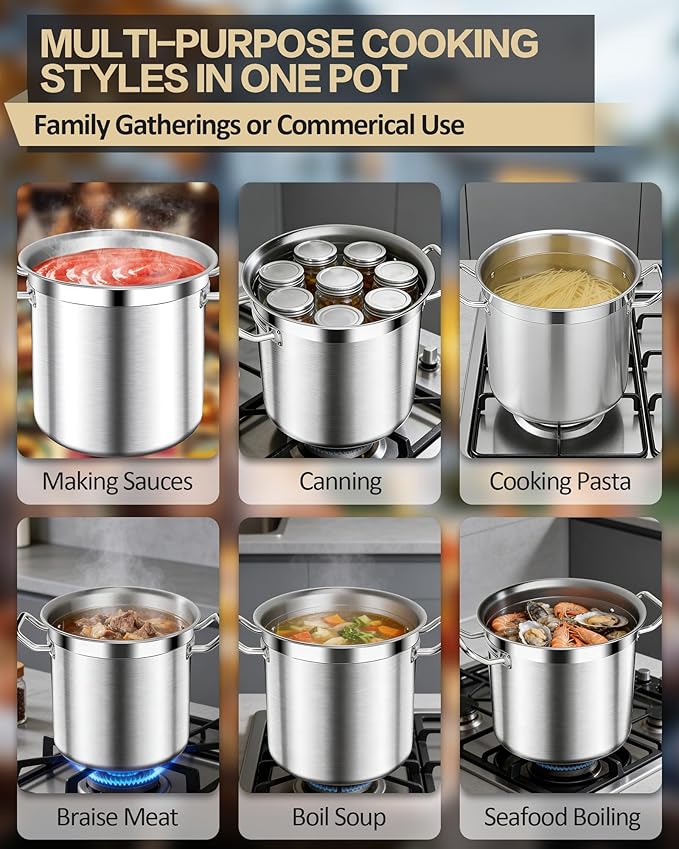 Stainless Steel Stock Pot with Lid ??24 Quart (6 Gallon) Heavy-Duty Cooking Pot for Soup, Stew, Pasta ??Commercial & Home Use, Easy to Clean