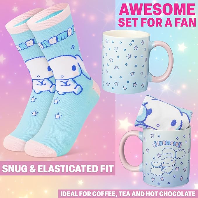 Get Trend Cinnamoroll Sanrio Coffee Mug, Socks Set, 11.5 oz Ceramic Cup Crew Socks, Kawaii Drinkware Christmas, Secret Santa Gifts for Women (Blue Cinnamoroll)
