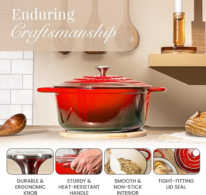 Nuovva Enamelled Cast Iron Dutch Oven Pot with Lid ??6.4 Quart Non Stick Casserole Pot ??Heavy Duty & Oven Safe up to 500째 F for Bread Baking, Braising, Stews, Roasting ??28cm Red