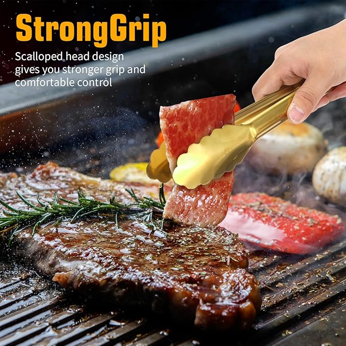 8-Piece Gold Serving Tongs, Gold Serving Utensils, Stainless Steel Plated Buffet Serving Tong,Salad Buffet Tongs,9 Inch