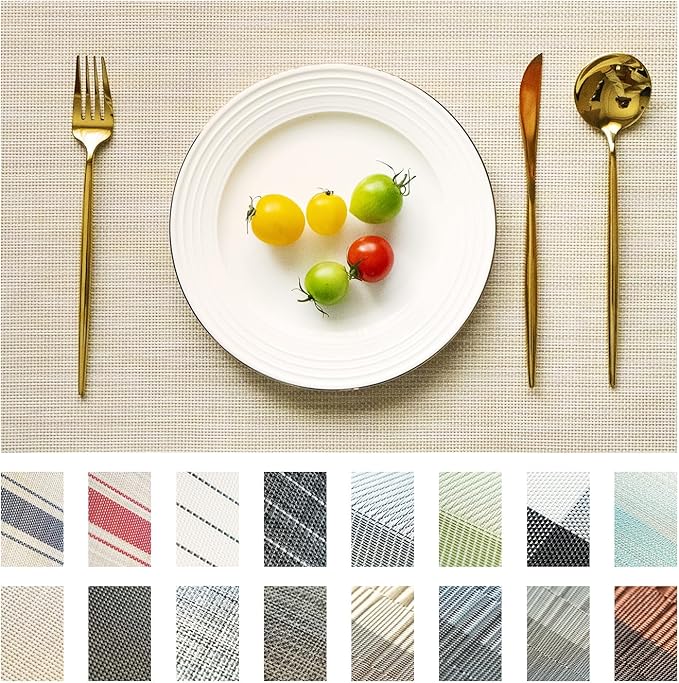 SUMYMERY Placemats Set of 12 Vinyl/Plastic Woven Place Mats for Kitchen Table Indoor/Outdoor Washable Placemat Wipeable Dining Table Mats (Beige,12)