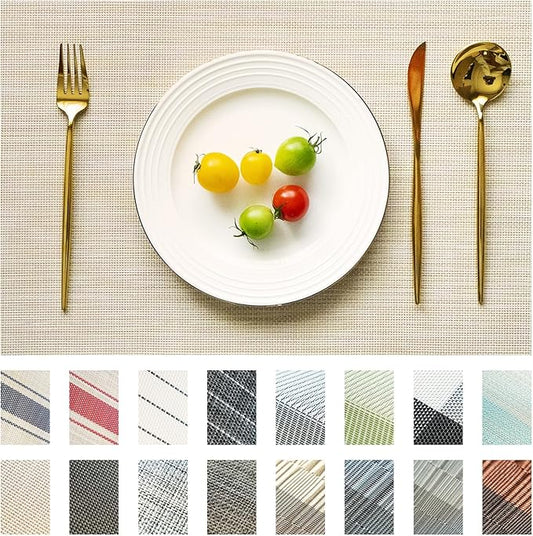 SUMYMERY Placemats Set of 12 Vinyl/Plastic Woven Place Mats for Kitchen Table Indoor/Outdoor Washable Placemat Wipeable Dining Table Mats (Beige,12)