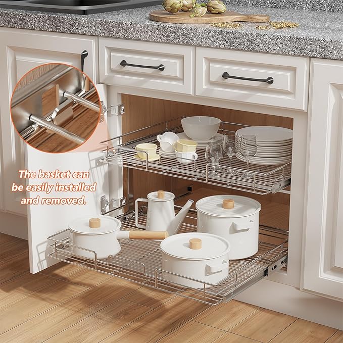 ROOMTEC Individual Pull Out Cabinet Organizer (25쩍"W x 21쩍"D), 2 Tier Spice Rack Organizer for Cabinet, Slide Out Drawer Pantry Shelf Organization and Storage for Kitchen Bathroom