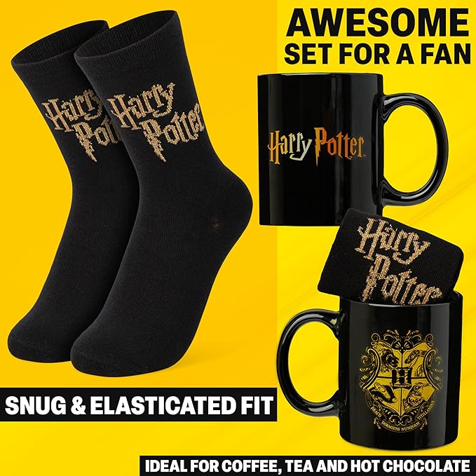 Get Trend Harry Potter Coffee Mug and Socks Set, 11.5 oz Ceramic Cup with Crew Socks, Cute Drinkware Christmas, Secret Santa Gifts for Women (Black Harry Potter)
