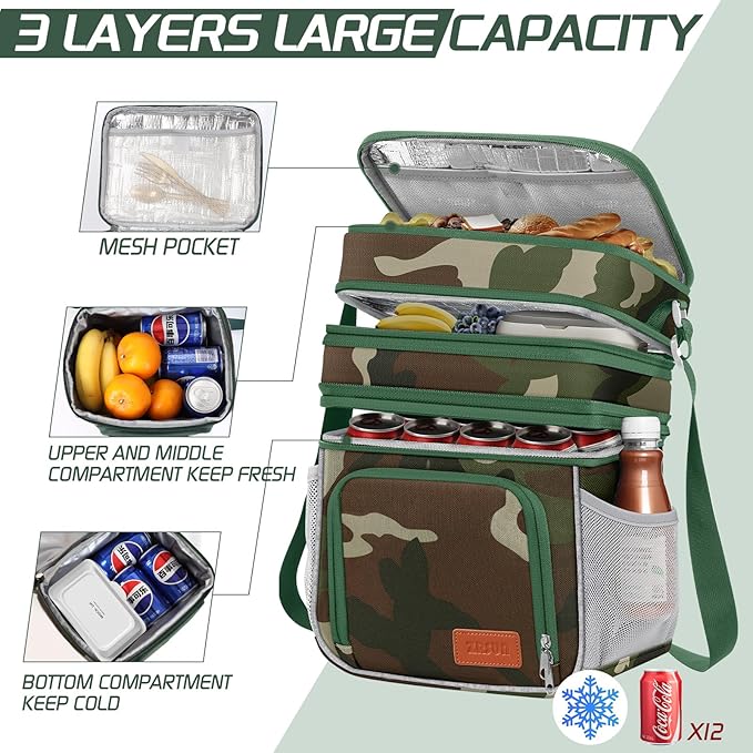 ZRSUN Insulated Lunch Bag for Women Men, Reusable 3 Layers Lunch Box Women, Expandable Reusable Water-resistant Lunch Box for Work Travel Office Picnic Hiking (Green Camo)