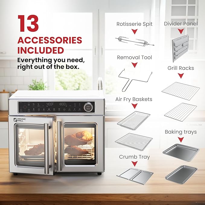 Magic Mill Ultra-Premium Dual-Zone Stainless Steel Air Fryer Toaster Oven Combo, Extra Large 32QT French Door Convection Oven with Next-Gen Patent Technology, 13 Accessories, Rotisserie, Sync Finish
