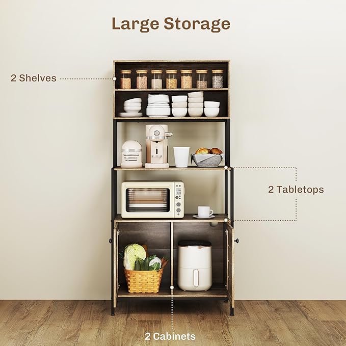HOMCOM Kitchen Bakers Rack with Power Outlet, Coffee Bar Cabinet with Storage Shelves, Microwave Stand with Louvred Door Cabinets, Gray Wood Grain