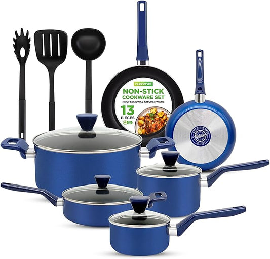 NutriChef 13-Pc Royal Blue Cookware Set - Nonstick Pots & Pans with See-Through Lids, Even Heat Distribution, Cool-Touch Handles, Utensils Included - NCCWA13BU