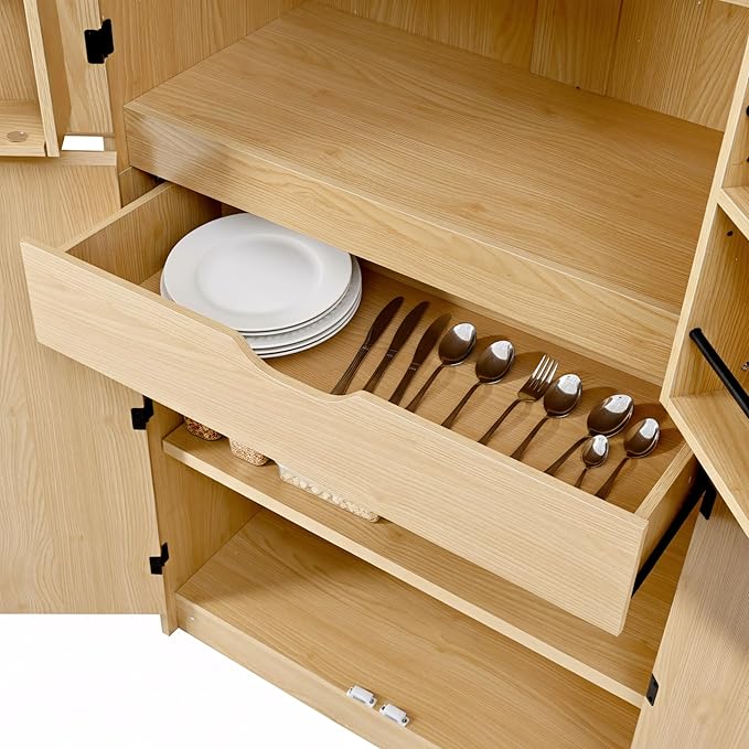 72" Farmhouse Tall Kitchen Pantry Cabinet, Wood Storage Cabinets with Hidden Drawer and 3 Adjustable Shelves, Cupboard with Door Shelves for Kitchen, Dining and Bathroom, Natural Wood