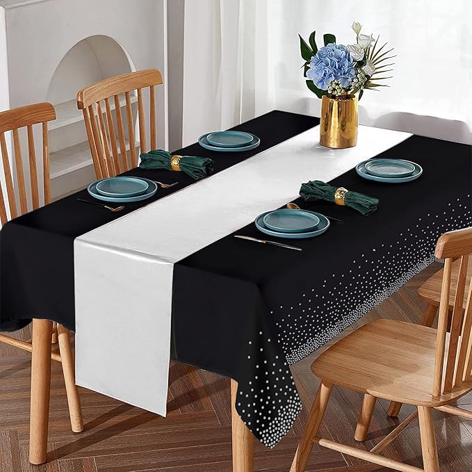 16Pack Disposable Plastic Tablecloths and Satin Table Runner Set Black and Silver Dot Tablecloth Silver Satin Table Runner for Wedding Birthday Baby Shower Anniversary Christmas New Year Party Supply