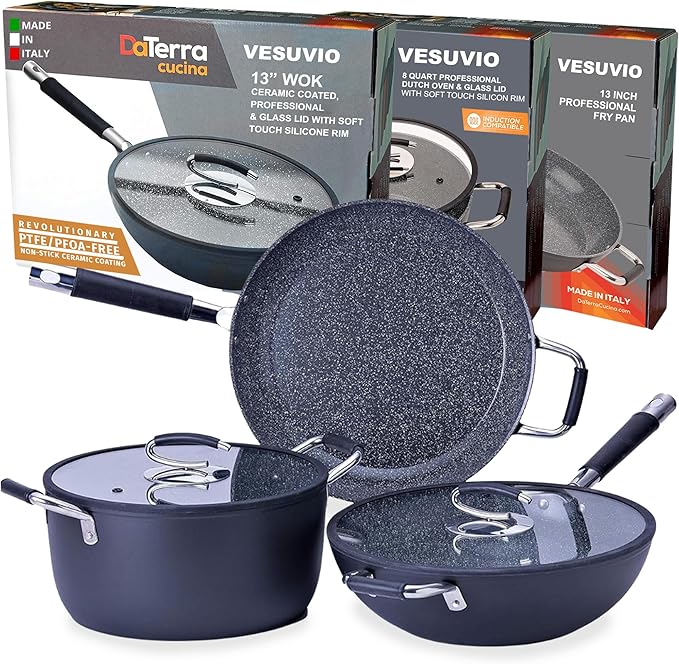DaTerra Cucina Nonstick Family Bundle ??13" Frying Pan, 13" Wok with Lid, 8 Qt Dutch Oven with Lid ??Oven Safe, Ceramic Nonstick, PTFE & PFOA Free ??Made in Italy, Volcanic Black Speckled