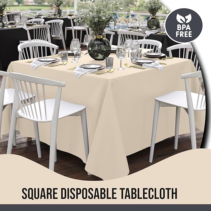Party Solids 12-Pack Ivory Square Plastic Disposable Tablecloth ??Size: 85 횞 85 Inches ??Square Table Cover for Parties, Picnics & Formal Events