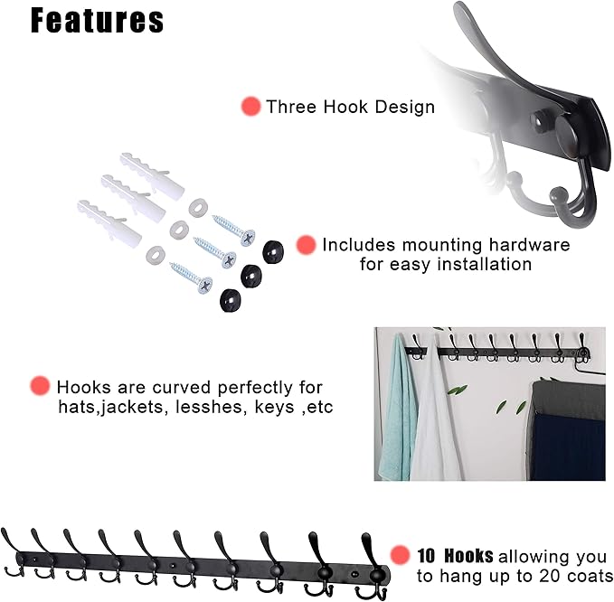 Dseap Coat Rack Wall Mount - 38??Long 10-Tri-Hooks Heavy Duty Coat Hanger Rail Wall Hooks for Hanging Coats Hats Clothing Clothes Purse Mudroom Entryway, Black, Pack of 2