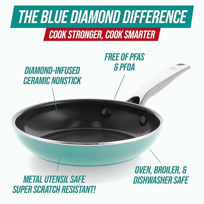 Blue Diamond Frying Pan 8??Skillet, Diamond Infused Healthy Ceramic Nonstick, PFAS and PFOA-Free, Dishwasher and Oven Safe, Even Heating, Metal Utensil Safe, Warp Control Base, Turquoise