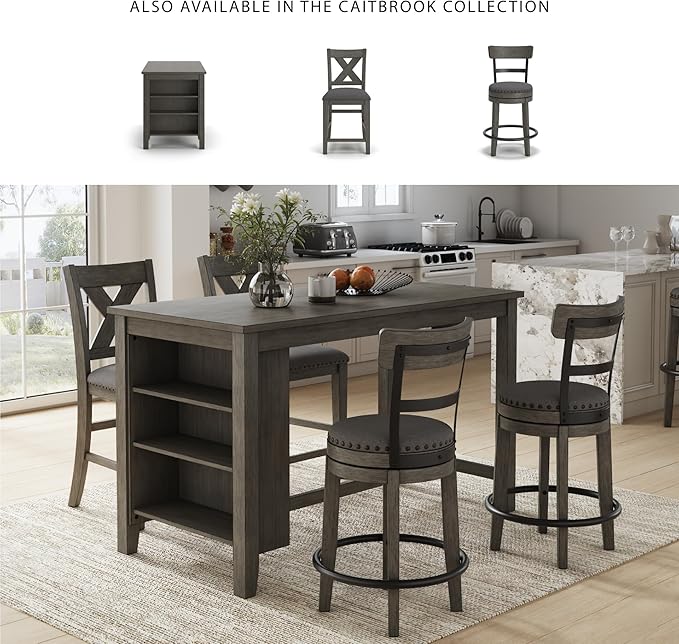 Signature Design by Ashley Caitbrook | Farmhouse Swivel 24" Counter Height Barstool ??360째 Swivel, Upholstered with Nailhead Trim, Metal & Wood Frame, Gray