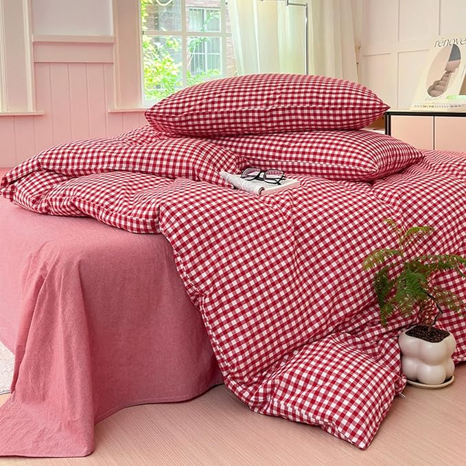 LifeTB Red Gingham Comforter Set Twin XL Modern Style Red Plaid Comforter Set 3 Pieces Soft Fluffy Grid Checkered Pattern Comforter with 2 Pillowcases Farmhouse Gingham Bedding Set Breathable